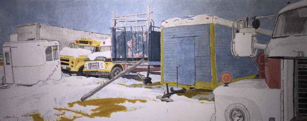 Watercolour of county fair equipment in winter storage on the Tantramar marsh