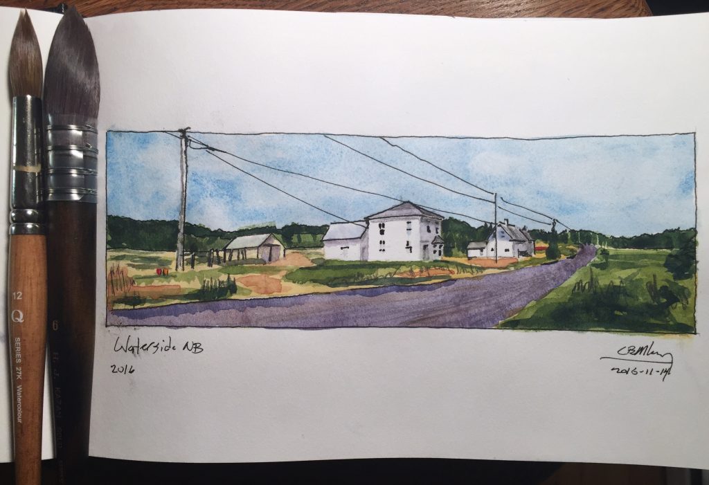 Watercolour sketch of houses in Waterside, New Brunswick
