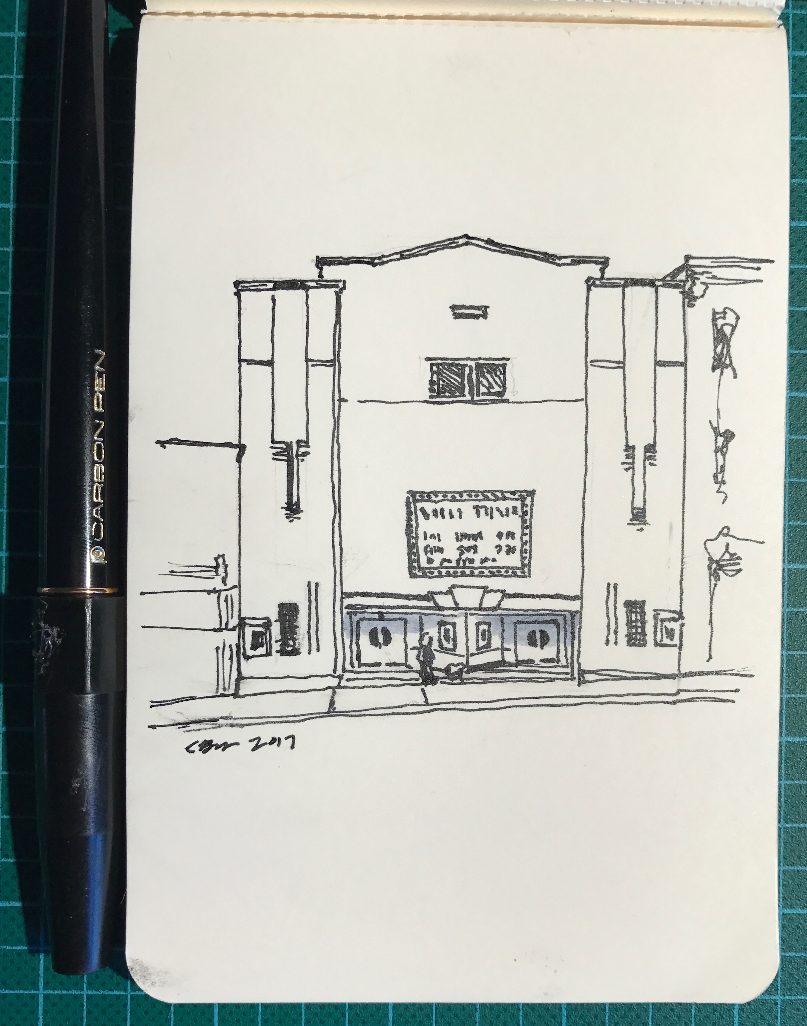 Pen-and-ink drawing of The Vogue Cinema