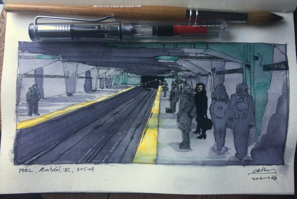 Watercolour: Woman at Peel métro station